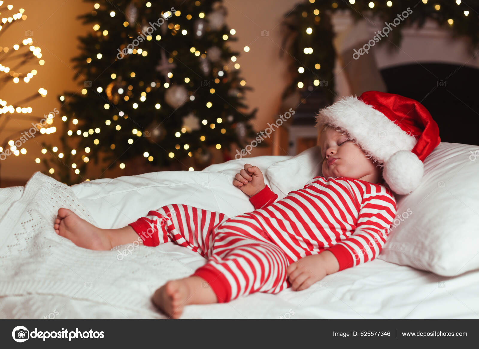 Baby Christmas Pajamas Santa Hat Sleeping Bed Indoors Space Text Stock Photo NewAfrica 626577346