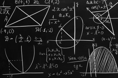 Tahtaya tebeşirle yazılmış farklı matematiksel formüller