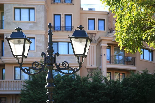 Beautiful vintage street lamps near building outdoors