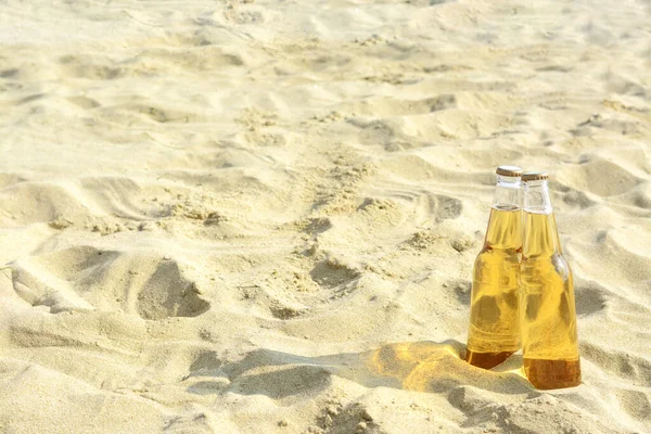 Bottles Cold Beer Sandy Beach Sea Space Text — Stockfoto