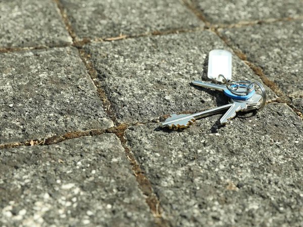 Bunch of lost keys on pavement outdoors, space for text