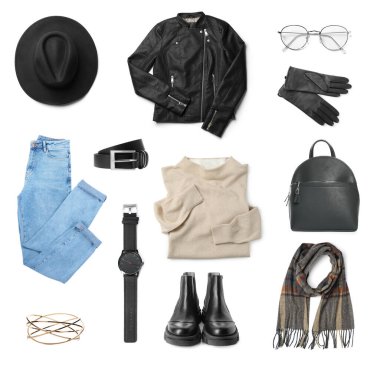 Beyaz arkaplanda şık kıyafet koleksiyonu