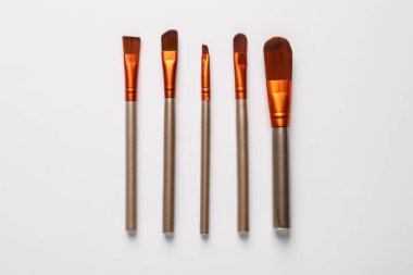 Beyaz arka planda farklı makyaj fırçaları, düz yatış