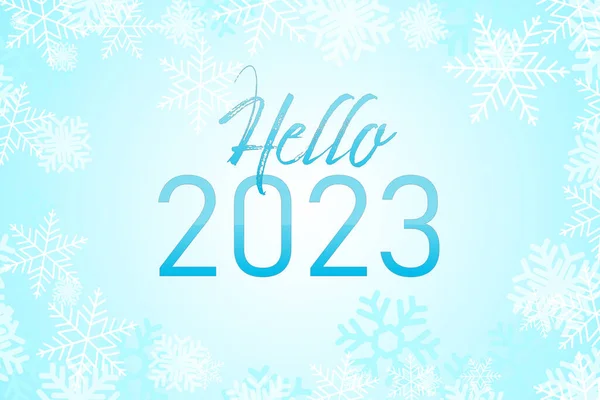 Phrase Hello 2023 on light blue background with white snowflakes