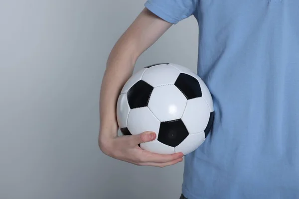 Boy Soccer Ball Light Grey Background Closeup Space Text — Stock Photo, Image