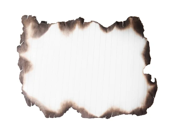 Pedaço Papel Caderno Com Bordas Escuras Queimadas Fundo Branco Vista — Fotografia de Stock