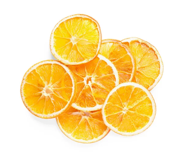 Νόστιμες Φέτες Ξηρού Πορτοκαλιού Λευκό Φόντο Κορυφαία Άποψη — Φωτογραφία Αρχείου