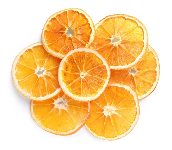 Смачні Сухі Апельсинові Скибочки Білому Тлі Вид Зверху — стокове фото