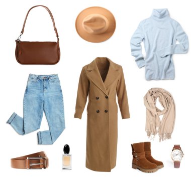 Beyaz arkaplanda şık kıyafet koleksiyonu