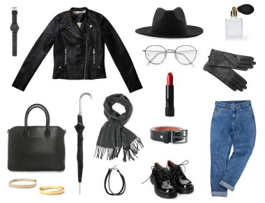 Beyaz arkaplanda şık kıyafet koleksiyonu