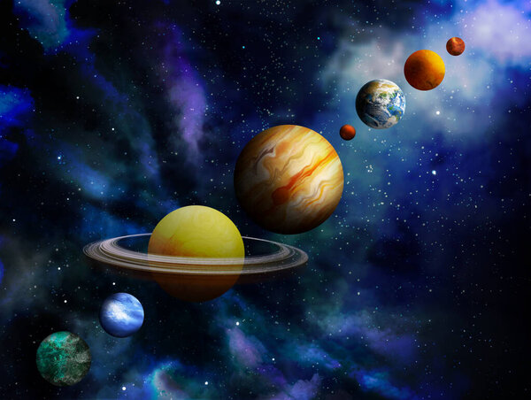 Many different planets and stars in open space, illustration