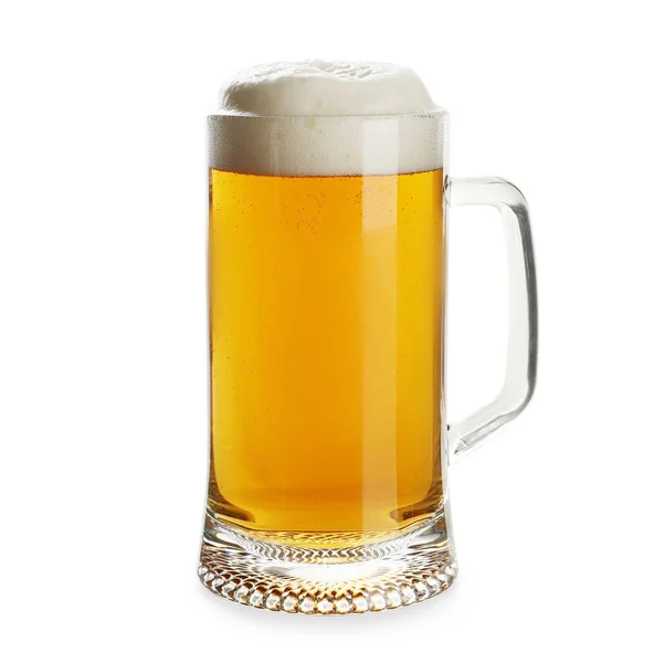 Glass mug of tasty light beer on white background