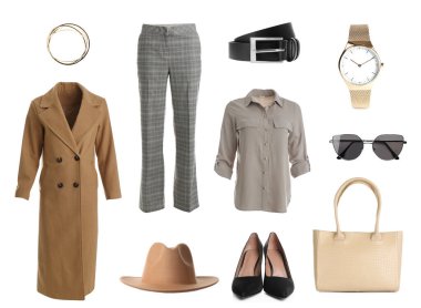 Beyaz arkaplanda şık kıyafet koleksiyonu