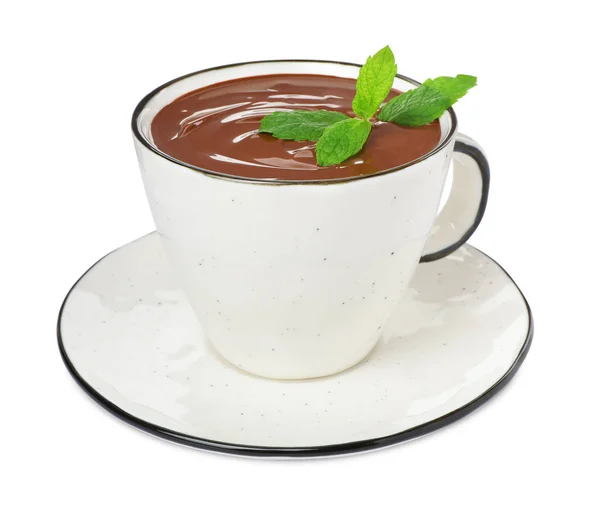 Cup of delicious hot chocolate with mint isolated on white