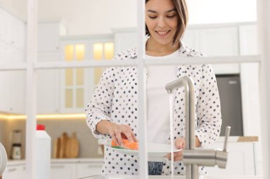 Modern mutfakta lavabonun üstünde genç ve mutlu bir kadın bulaşık yıkıyor.