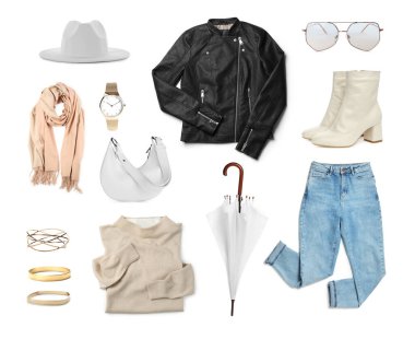 Beyaz arkaplanda şık kıyafet koleksiyonu