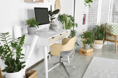 Comfortable workplace with modern computer and different houseplants in room