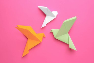 Pembe arka planda güzel renkli origami kuşları, düz yatıyordu.