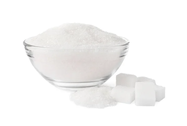 Açúcar Granulado Cubos Com Taça Vidro Sobre Fundo Branco — Fotografia de Stock