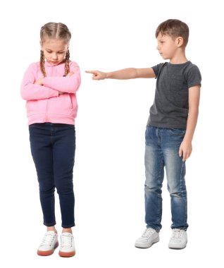 Boy pointing at upset girl on white background. Children's bullying clipart