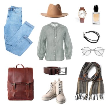 Beyaz arkaplanda şık kıyafet koleksiyonu