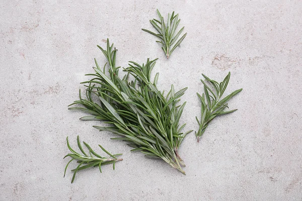 Sprigs of rosemary on light gray background, flat lay