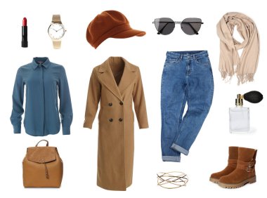 Beyaz arkaplanda şık kıyafet koleksiyonu