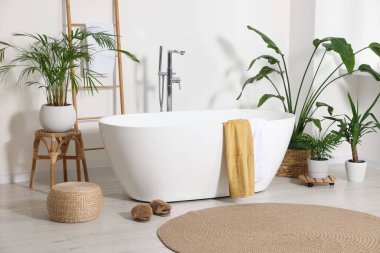 Modern seramik küvet ve güzel ev bitkileriyle dolu şık bir banyo.