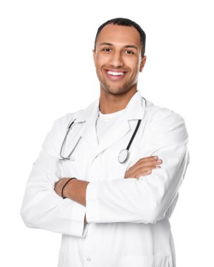 Doctor or medical assistant (male nurse) in uniform with stethoscope on white background clipart
