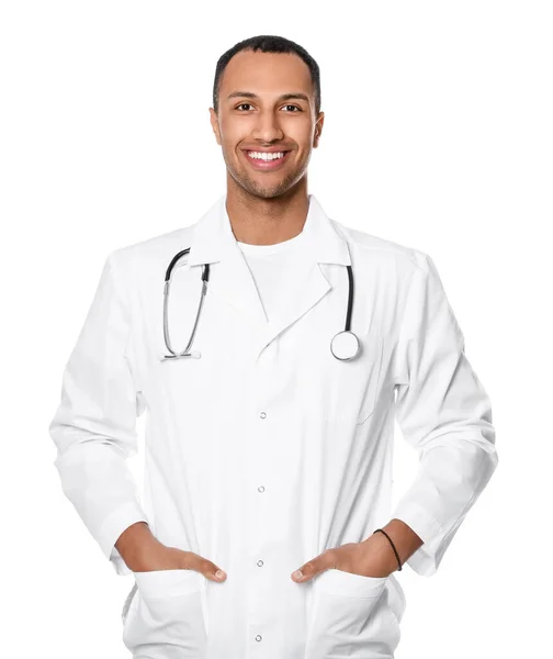 stock image Doctor or medical assistant (male nurse) in uniform with stethoscope on white background