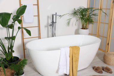 Modern seramik küvet ve güzel ev bitkileriyle dolu şık bir banyo.