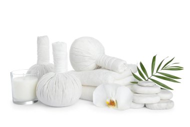 Beyaz arkaplanda farklı spa ürünleri olan güzel bir kompozisyon