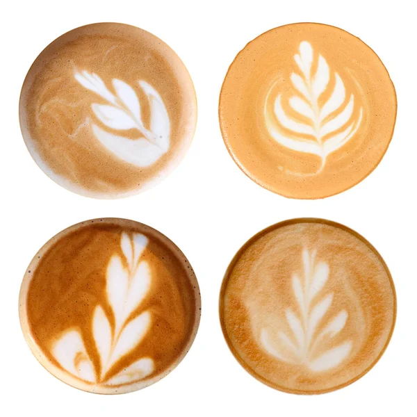 Latte sanatı. Beyaz arka planda birçok kahve içeceği, üst manzara