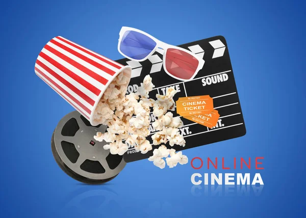 Online cinema. Movie clapper, tickets, pop corn, 3D glasses and film reel on blue background. Collage design
