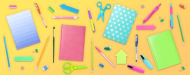 Düz kompozisyon ve sarı arka planda farklı okul kırtasiyesi. Pankart tasarımı