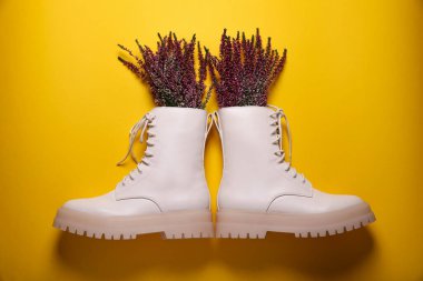 Sarı arka planda funda çiçekleri olan şık deri ayakkabılar.