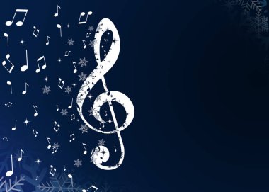 Noel melodisi. Koyu mavi arka planda müzik notaları ve kar taneleri, metin için boşluk. Çizim tasarımı