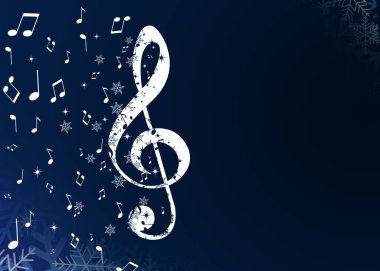 Christmas melody. Music notes and snowflakes on dark blue background, space for text. Illustration design clipart