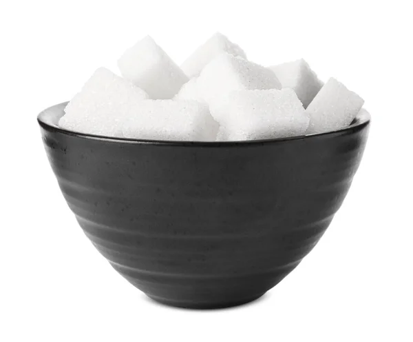 在白糖上分离的精制糖块碗 — 图库照片