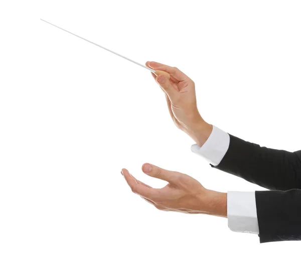 白い背景にバトンを持つプロの指揮者 クローズアップ — ストック写真