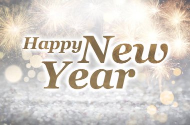 Şenlik arka planında havai fişek ve bokeh efektli Mutlu Yıllar metni