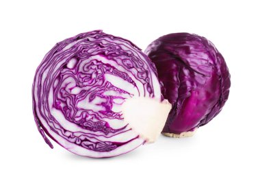 Whole and cut red cabbages on white background