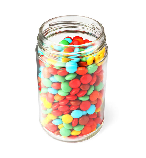 Jar with tasty colorful candies isolated on white