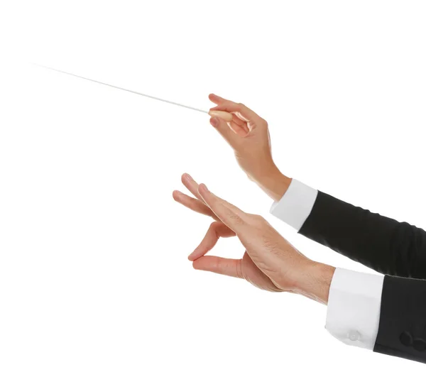 白い背景にバトンを持つプロの指揮者 クローズアップ — ストック写真