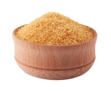 Tahta kase tahıllı kahverengi şeker beyaza izole edilmiş.