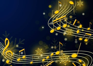 Noel melodisi. Müzik notaları ve kar taneleri mavi arka planda, yazı için boşluk. Çizim tasarımı