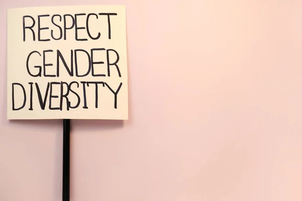 Sign with phrase Respect Gender Diversity on pink background, top view. Space for text