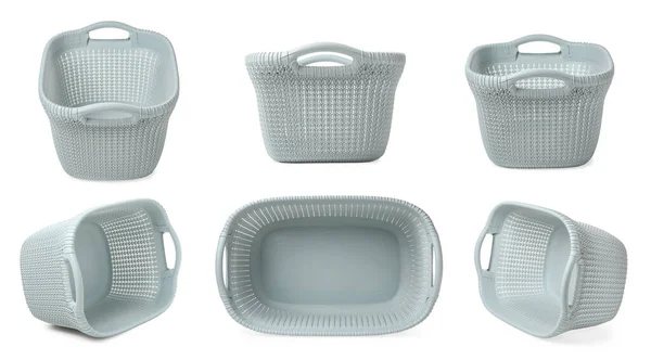 Plastic laundry basket on white background, view from different sides. Banner design