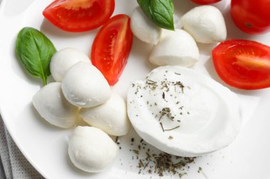 Beyaz tabakta domatesli ve fesleğenli lezzetli mozzarella.