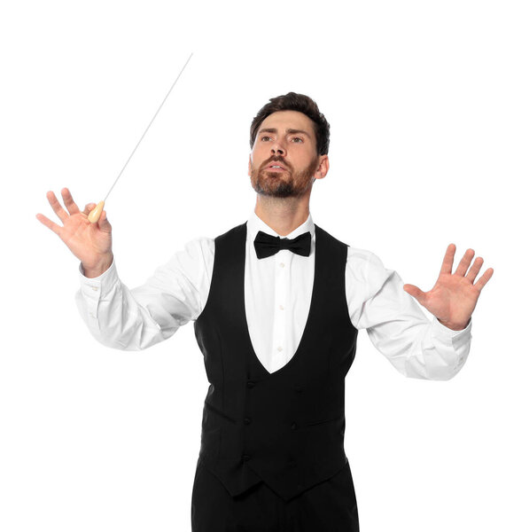 Professional conductor with baton on white background